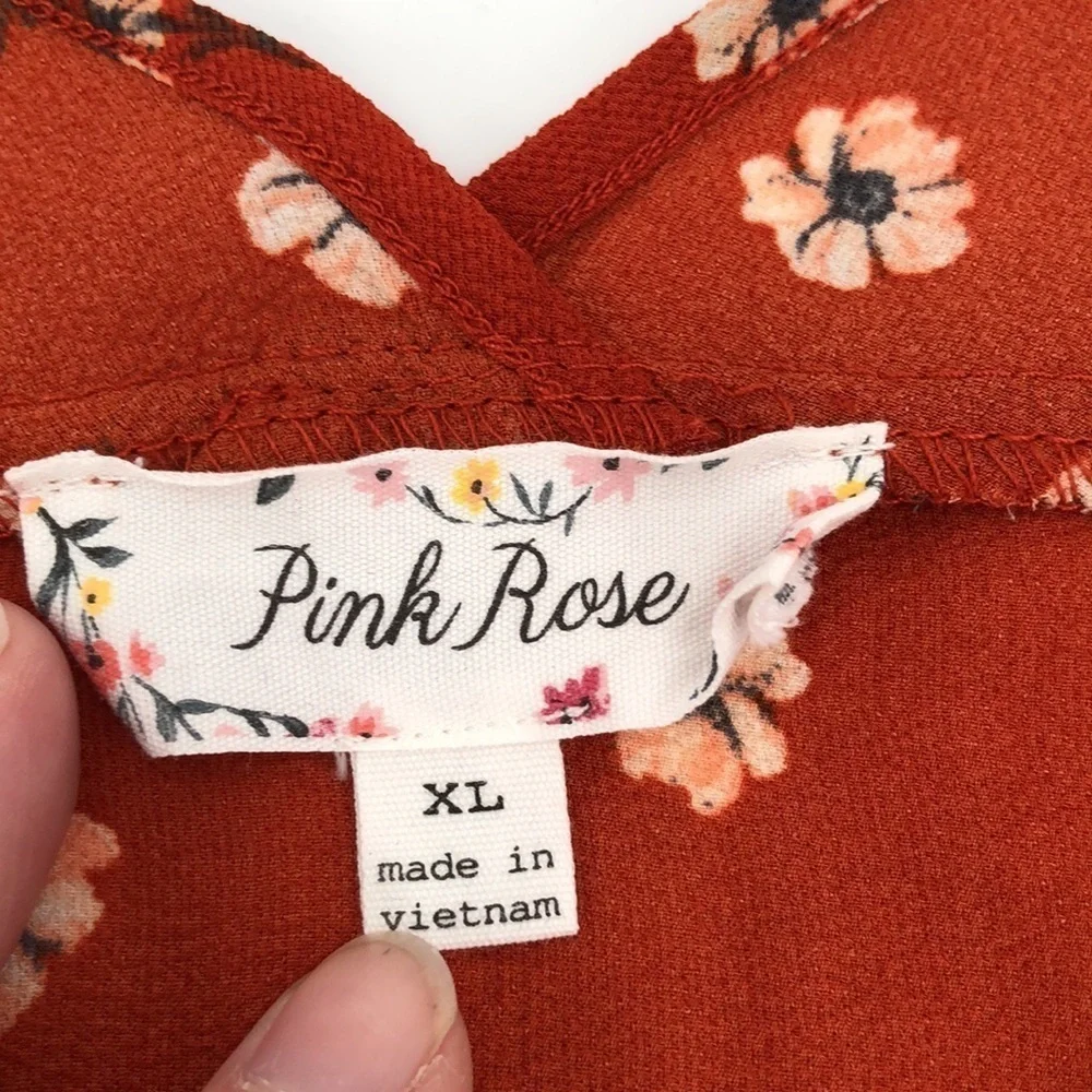 Pink Rose Semi Sheer Short Sleeved Floral Print V-Neck Blouse Size XL